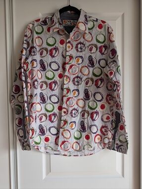 Desigual Men's Multi-Color Circle Print Button Down Shirt Artsy Geometric Size M